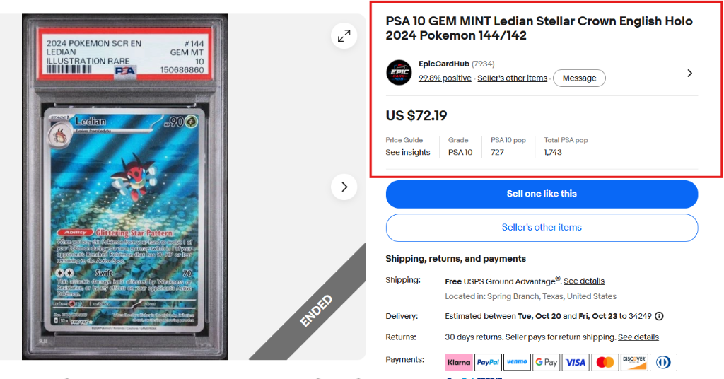 Example eBay sold listing showing the title, sold price, PSA 10 grade, PSA 10 population and total PSA population to copy into PokéRadar.